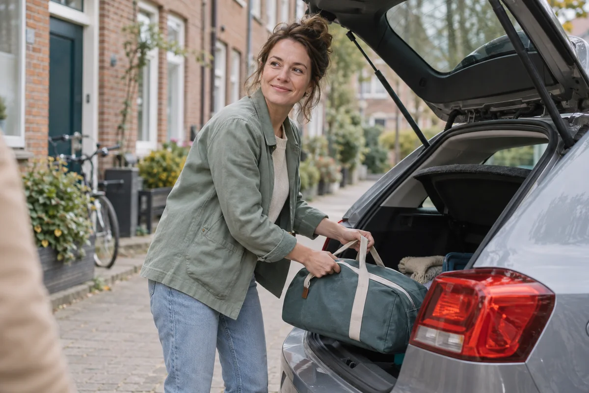 Een vrouw bij de kofferbak van haar geparkeerde auto