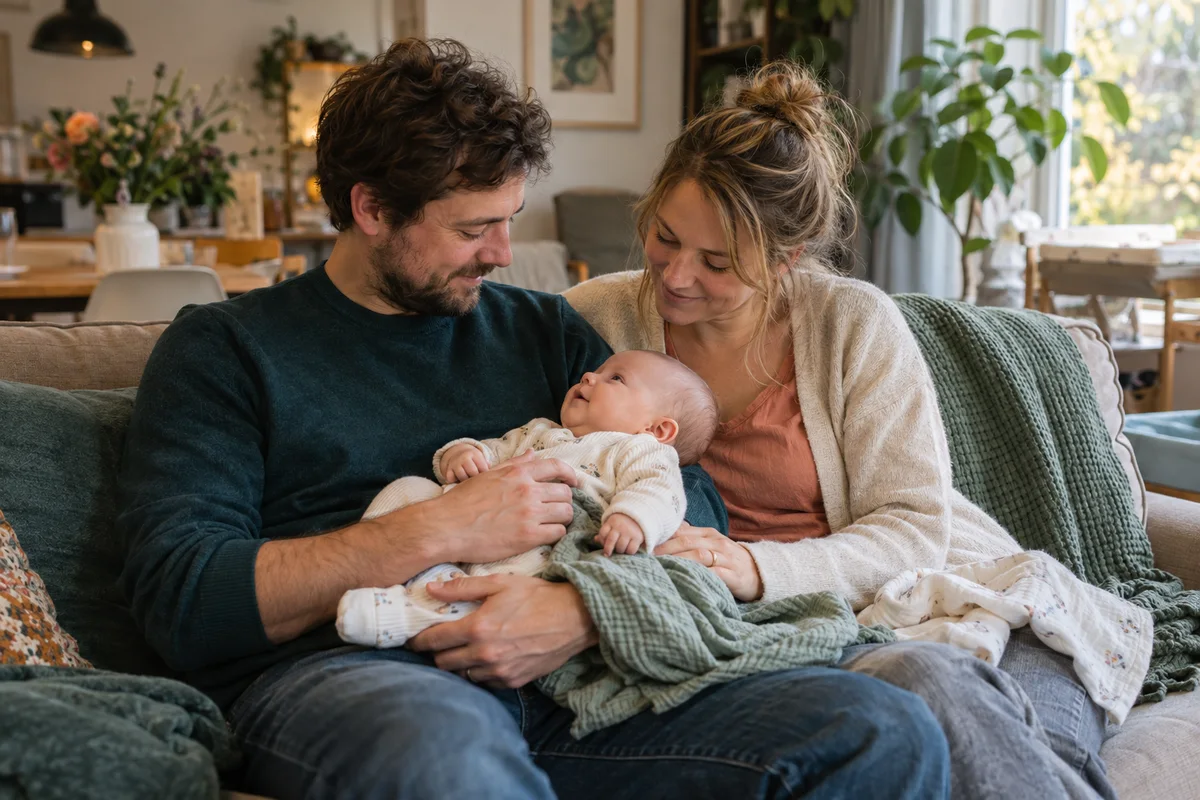 Ouders met hun baby op de bank