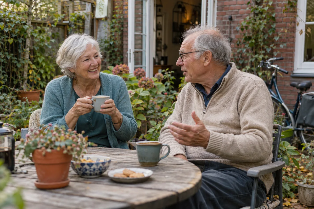 Een ouder stel drinkt koffie in de tuin